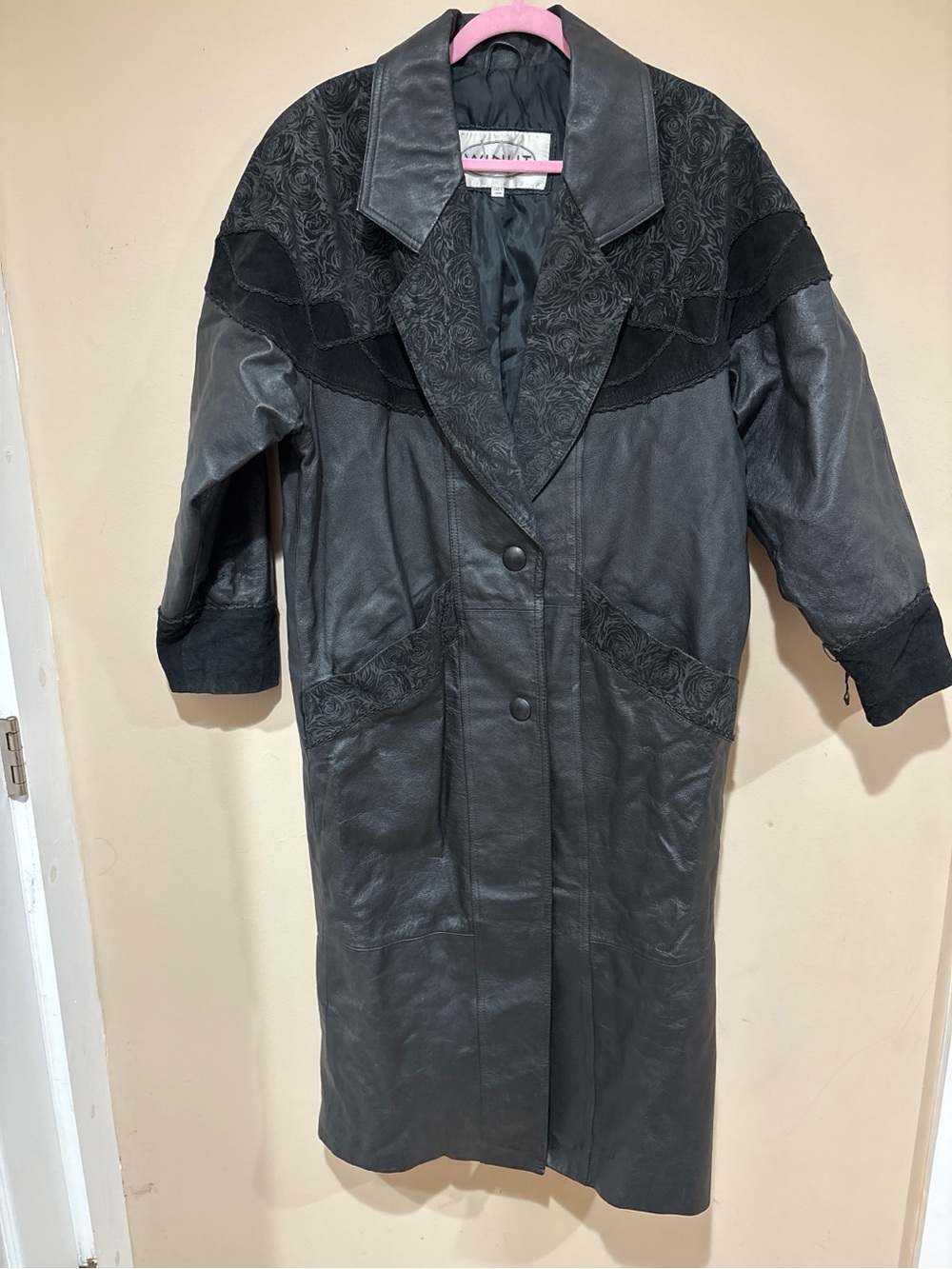 Vintage Black Women's Leather Coat with Rose Textured Detail
